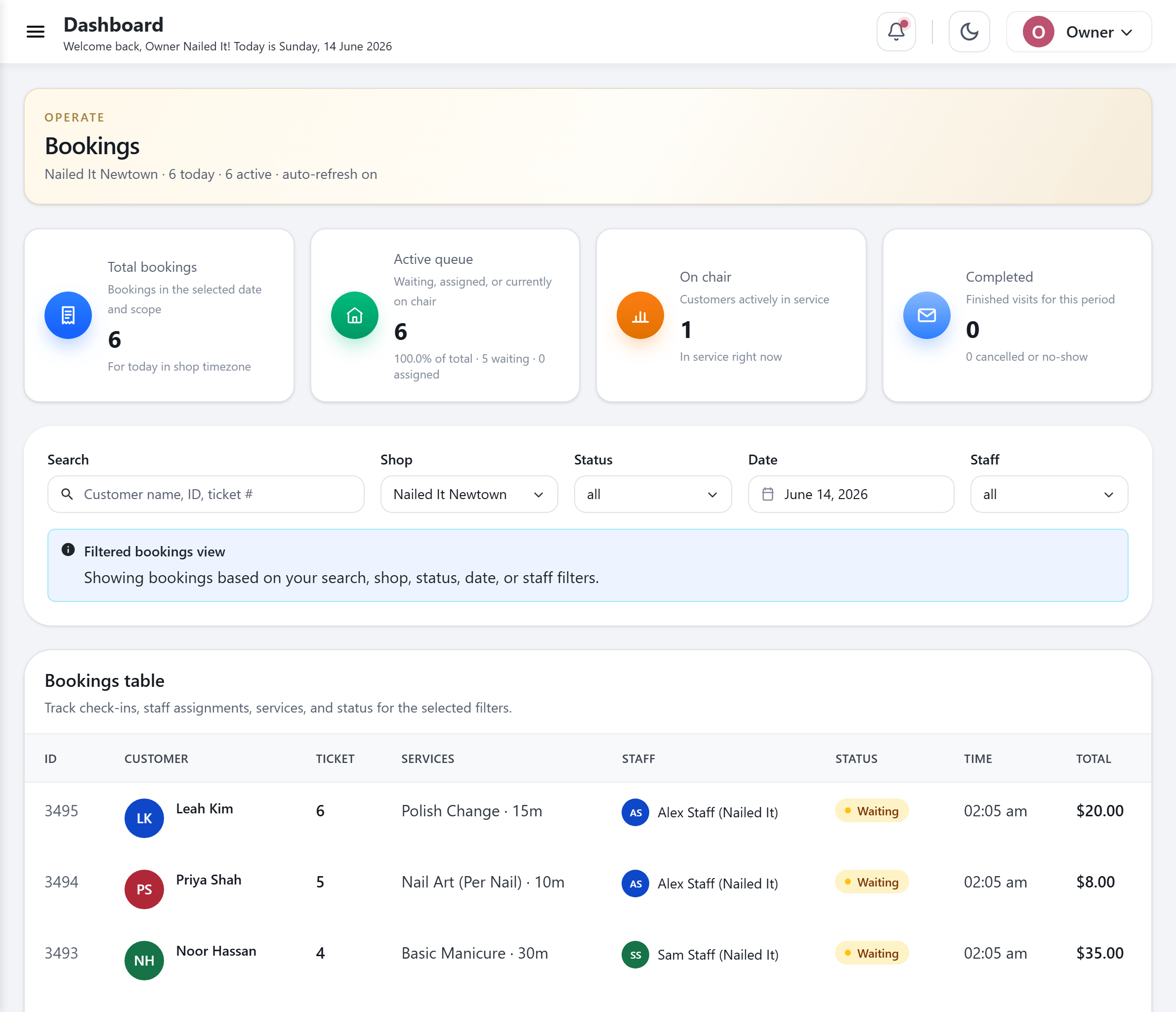 CheckIn bookings list with tickets, services, staff and live status